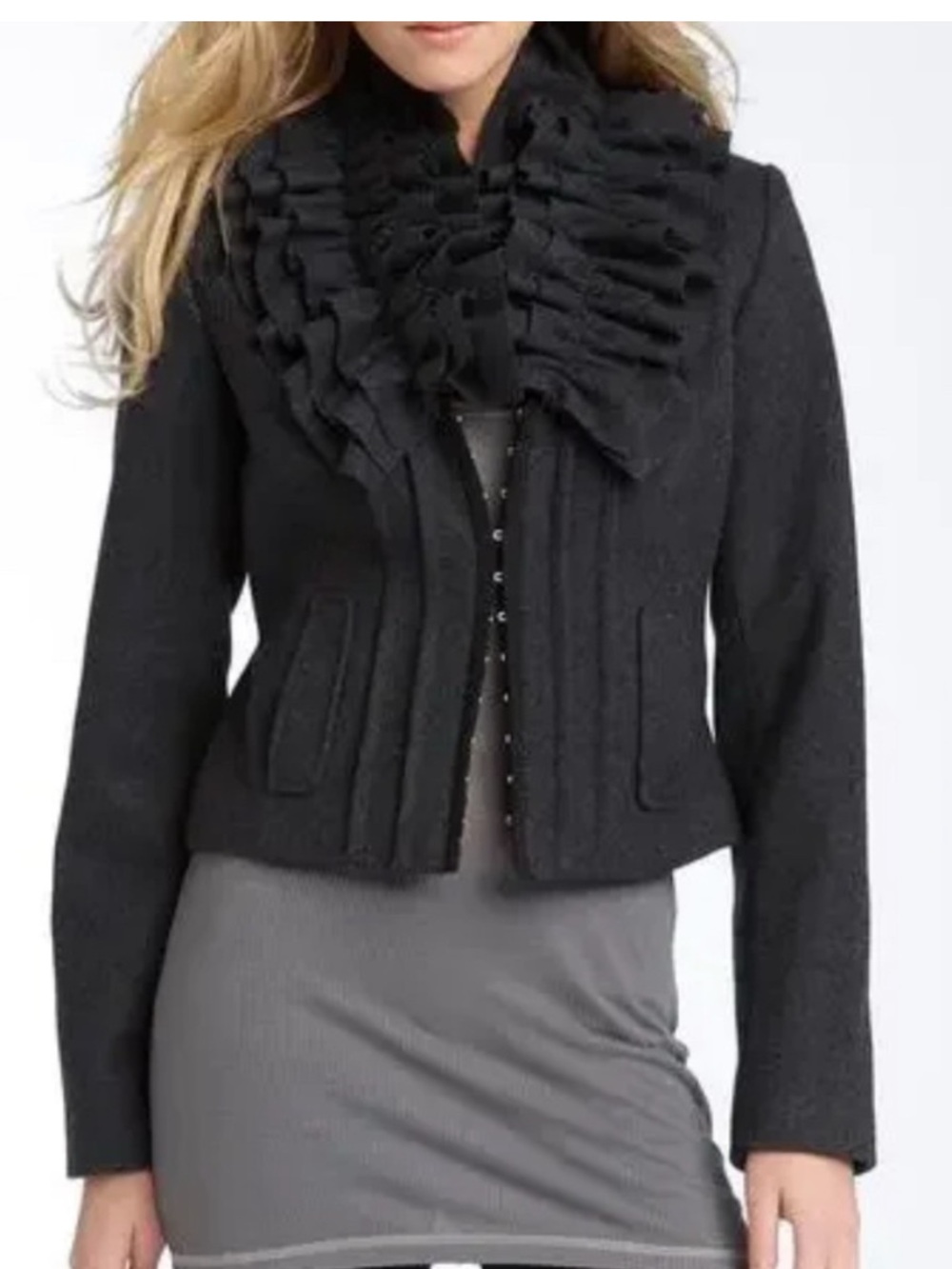Hinge Wool Ruffle Neck Jacket - XS - Black/Charcoal
